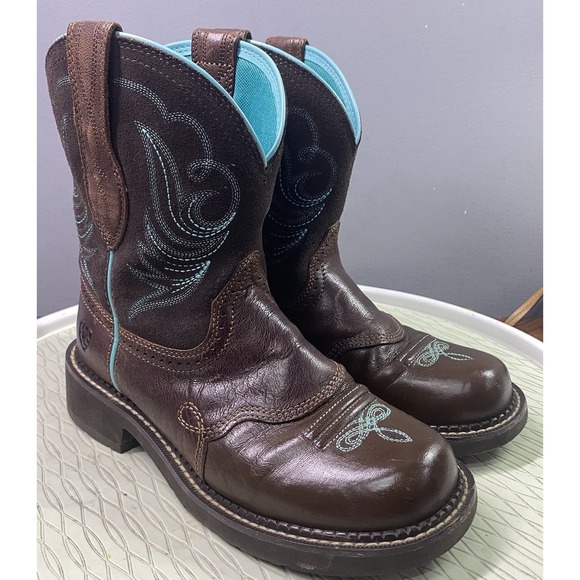 Ariat Other - Ariat Women Leather Fatbaby Heritage Cowboy Boot Brown& Teal Cowgirl Westrn 7.5B